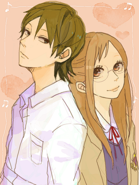 1boy, 1girl, amr, brown_hair, fujiwara_hazuki, glasses, green_hair, long_hair
