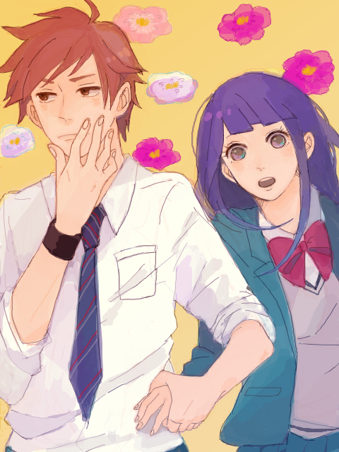 1boy, 1girl, amr, brown_hair, flower, holding_hands, kimura_takao, koizumi_marina, long_hair, ojamajo_doremi, older, purple_hair, school_uniform, short_hair, teenage