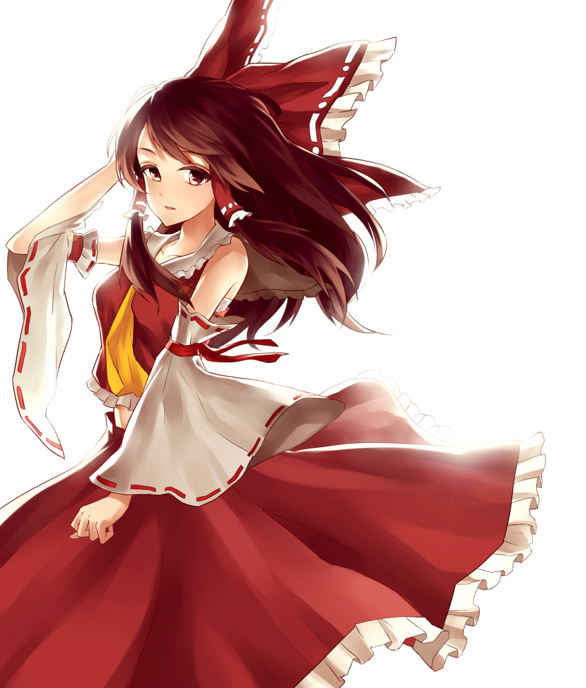 1girl, absurdres, ascot, bow, brown_hair, detached_sleeves, hair_bow, hair_tubes