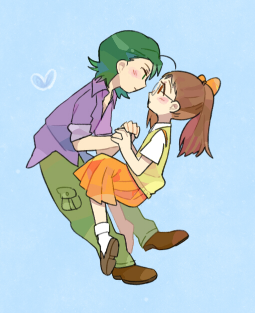 1boy, 1girl, aojiso_(tokiko0206), blush, bow, brown_hair, eye_contact, fujiwara_hazuki, green_hair, hair_bow, holding_hands, long_hair, looking_at_another, ojamajo_doremi, short_hair, yada_masaru