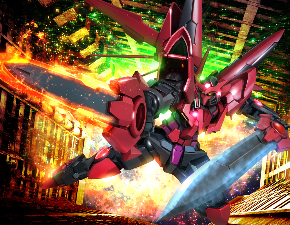 dual_wielding, explosion, flaming_sword, glowing, glowing_eyes, gundam, gundam_build_fighters, gundam_exia_dark_matter, hiropon_(tasogare_no_puu), light_particles, mecha, no_humans, photo_background, solo, sword, weapon, yellow_eyes