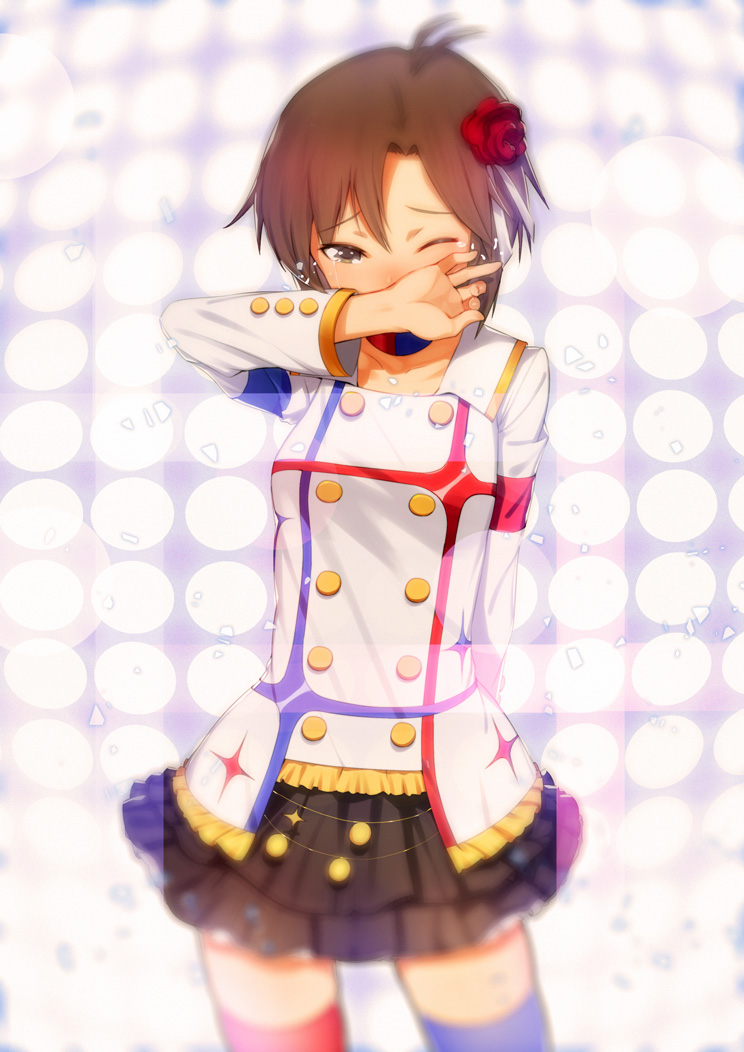 1girl, antenna_hair, black_eyes, black_hair, blue_legwear, choker, crying, flower