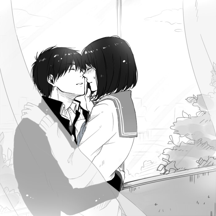 1boy, 1girl, black_hair, blush, chibi_maruko-chan, closed_eyes, couple, curtains, hetero, incipient_kiss, monochrome, older, oono_kenichi, sakura_momoko, school_uniform, serafuku, short_hair, teenage, yuzudrop
