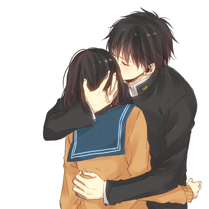 1boy, 1girl, black_hair, chibi_maruko-chan, closed_eyes, couple, female, hug