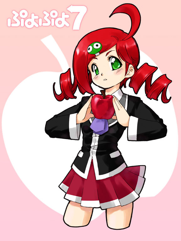 andou_ringo, apple, blush, drill_hair, food, fruit, green_eyes, holding