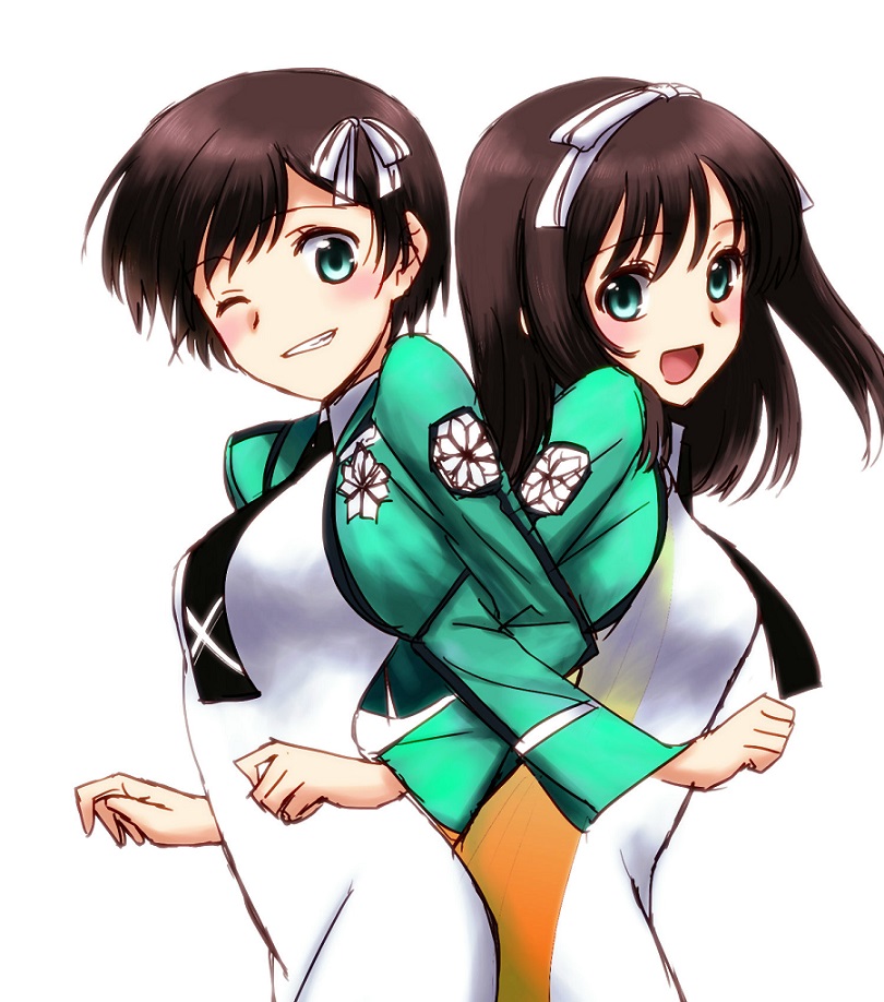 2girls, back-to-back, blush, closed_eyes, grin, locked_arms, long_hair, mahouka_koukou_no_rettousei