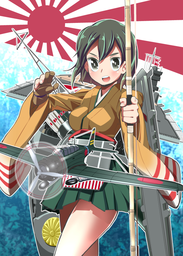 1girl, airplane, archery, arrow, bow_(weapon), breasts, brown_eyes, brown_hair