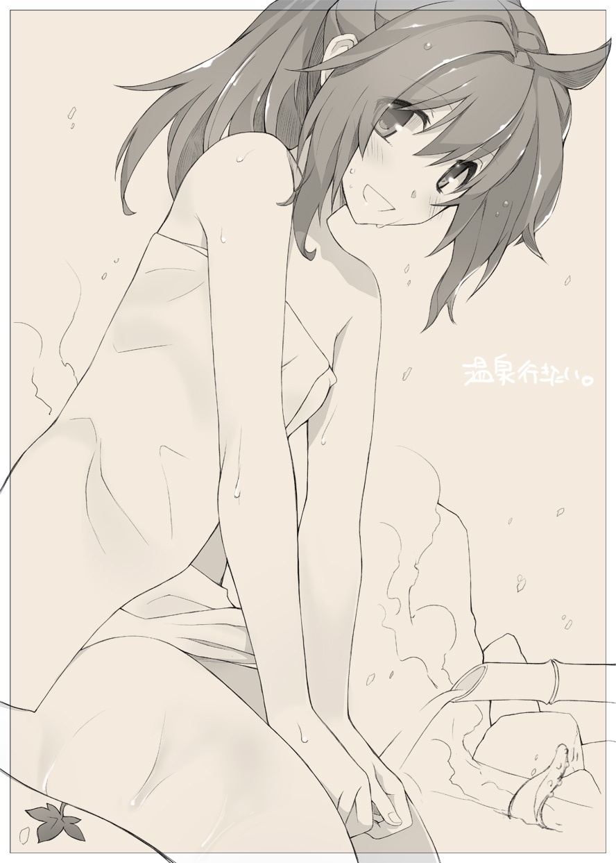 1girl, grin, highres, isizuaki, leaf, monochrome, naked_towel, open_mouth