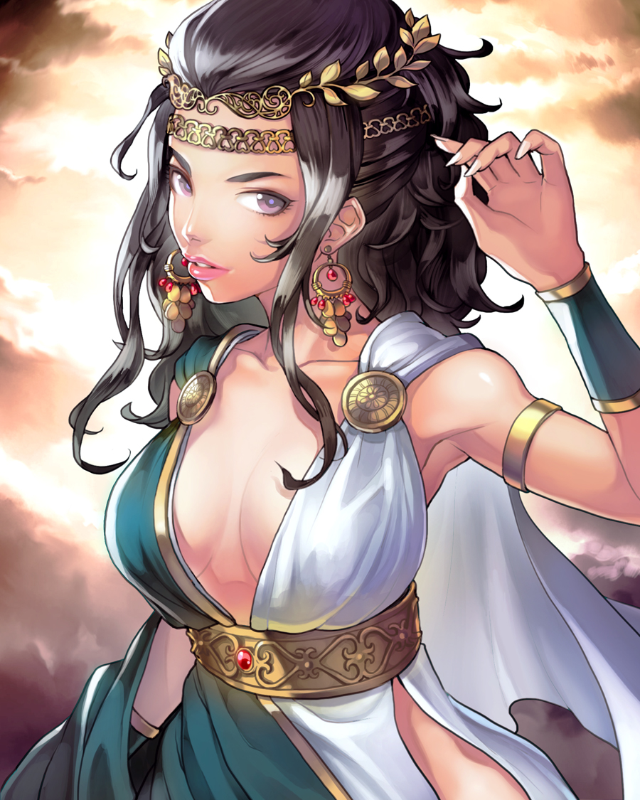 1girl, black_hair, breasts, cleavage, earrings, half_updo, jewelry, juuden