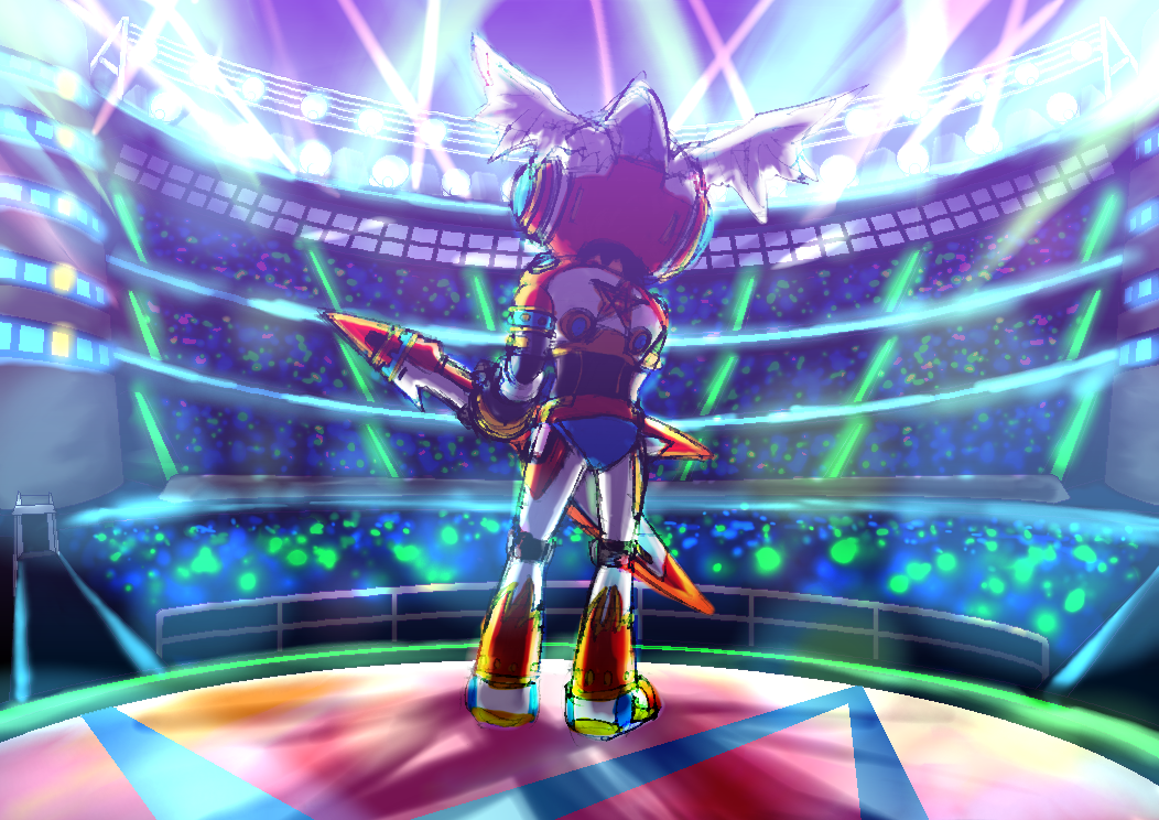 1boy, concert, electric_guitar, from_behind, gitaroo_man, gitaroo_man_(character), guitar, helmet
