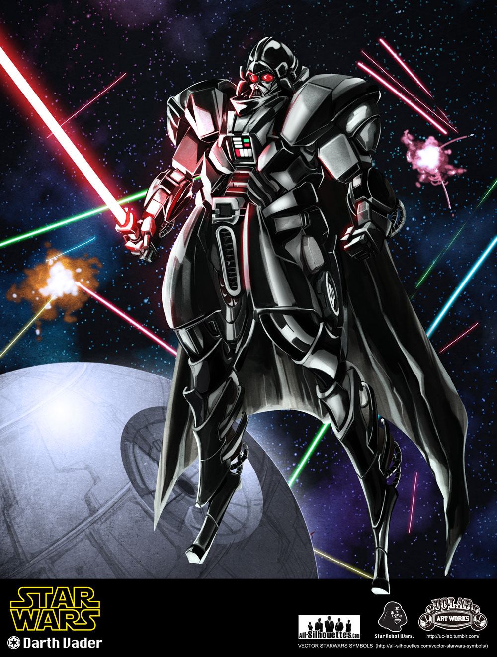 darth_vader, death_star, energy_sword, explosion, highres, lightsaber, mecha, mechanization