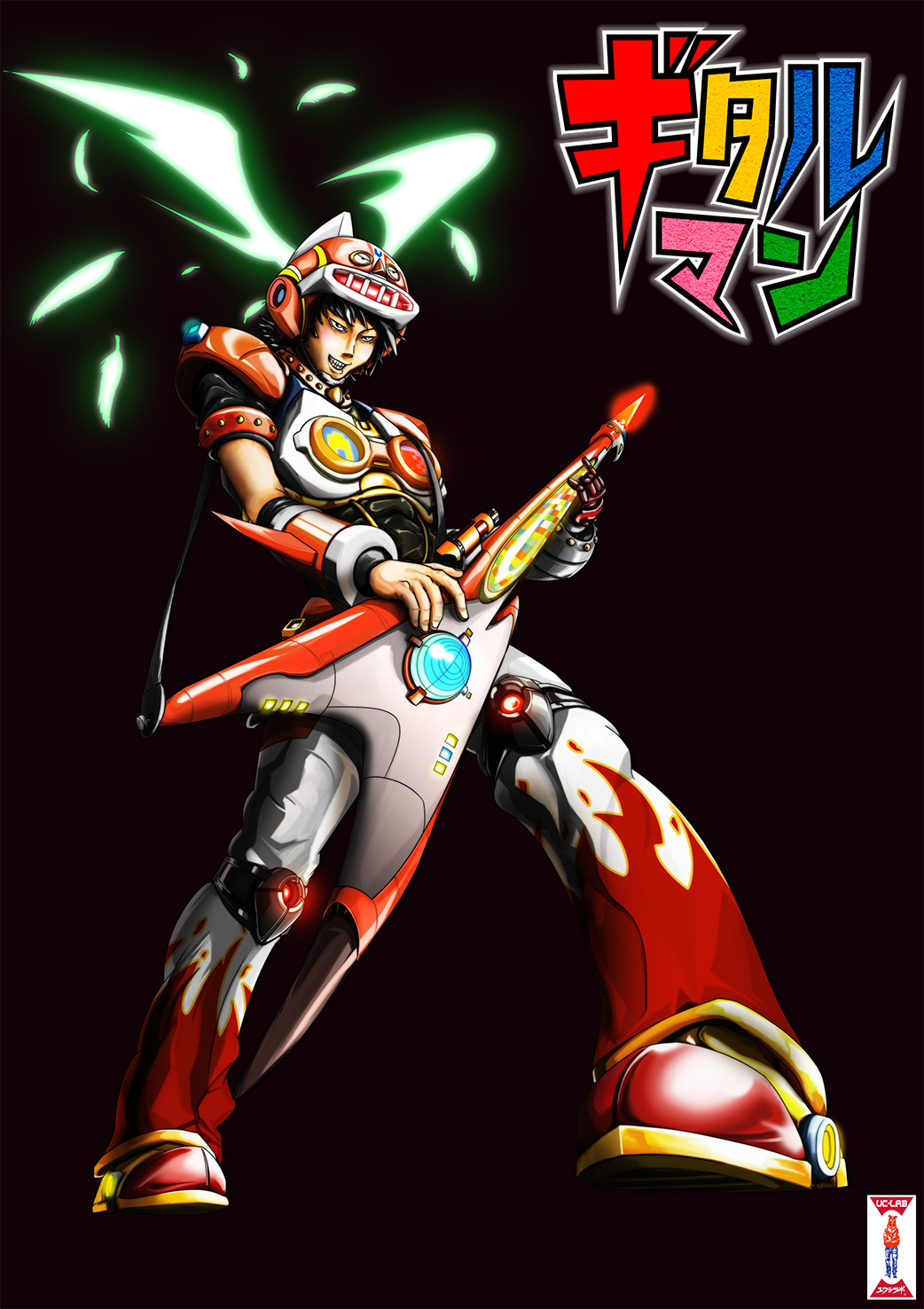 1boy, black_hair, electric_guitar, feathers, flame_print, gitaroo_man, gitaroo_man_(character), grin