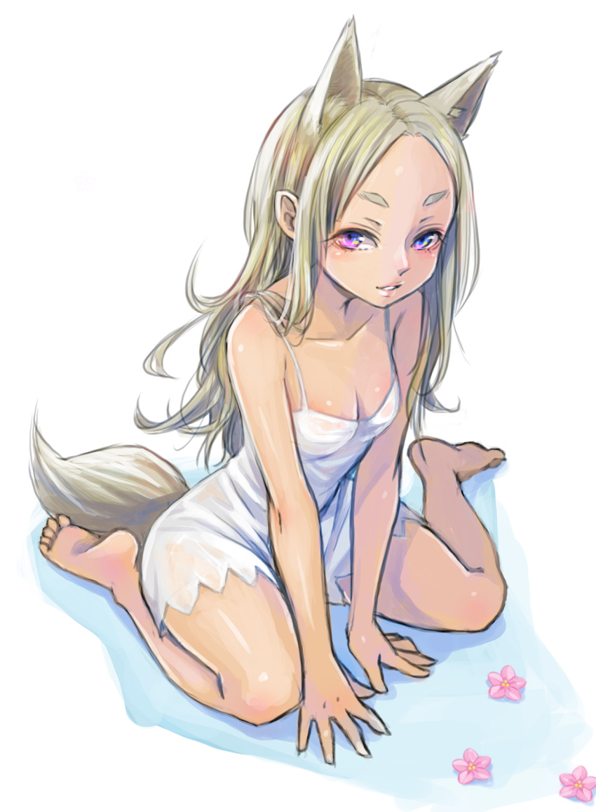1girl, animal_ears, barefoot, blonde_hair, blue_eyes, breasts, cleavage, collarbone