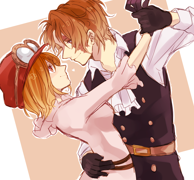 1boy, 1girl, brown_hair, couple, dancing, eye_contact, gloves, goggles_on_hat, hat, heart, hetero, koala_(one_piece), looking_at_another, mako1124, one_piece, orange_hair, sabo_(one_piece), scar