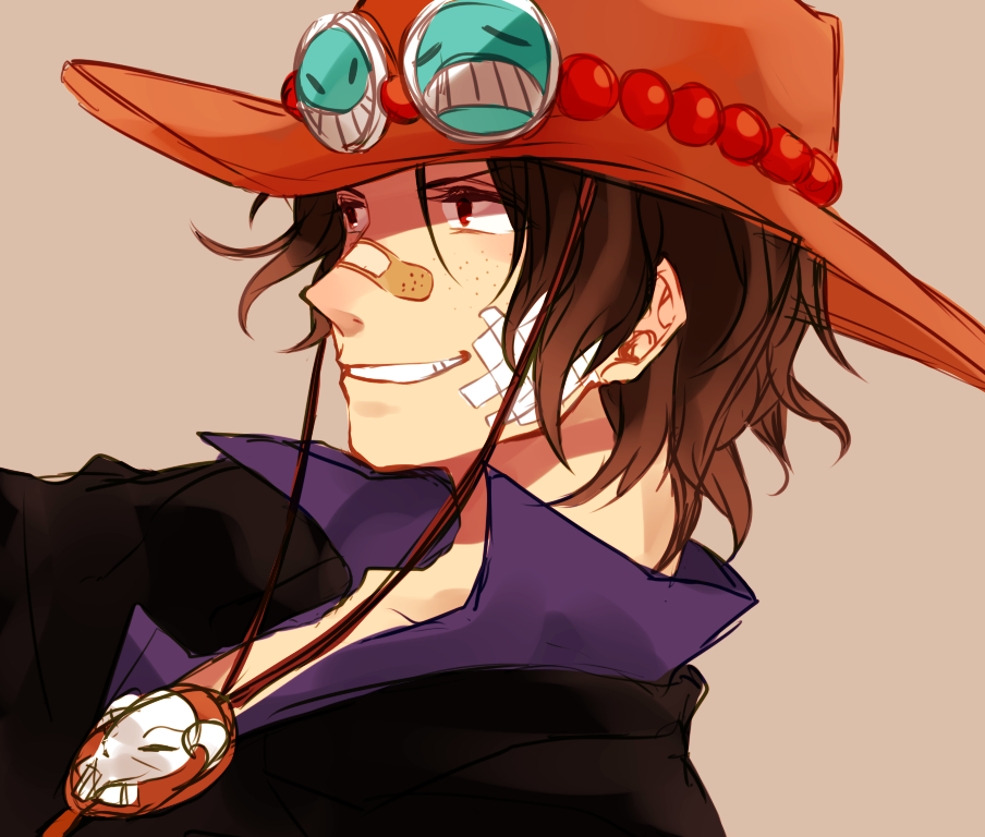 1boy, bandaid, black_hair, brown_hair, freckles, grin, hat, mako1124