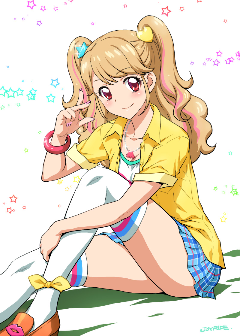 1girl, aikatsu!, blonde_hair, blush, casual, joy_ride, long_hair, looking_at_viewer