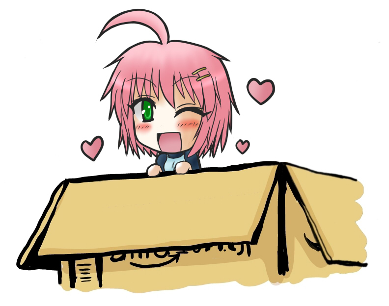 1girl, amazon_(company), blush, box, cardboard_box, chibi, green_eyes, looking_at_viewer