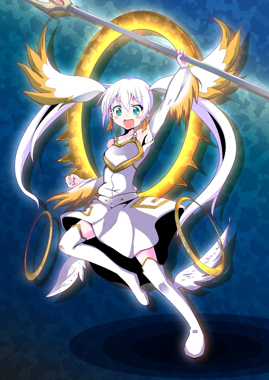 >:d, 1girl, :d, aikarosua, armpits, bare_shoulders, blue_eyes, dress