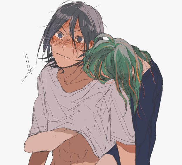 2boys, black_eyes, black_hair, blush, green_hair, grey_background, hand_under_clothes, hand_under_shirt