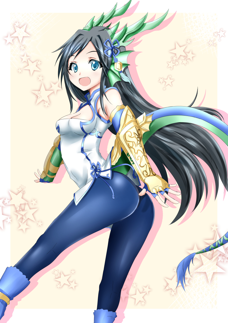 1girl, :d, black_hair, blue_eyes, breasts, cleavage, cleavage_cutout, covered_navel