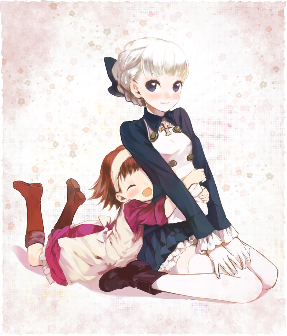 blue_eyes, blush, brown_hair, closed_eyes, gloves, hands, hug, jeanne_(shadow_hearts)