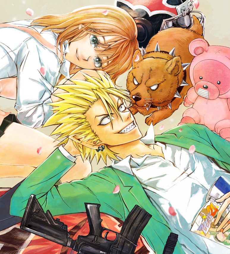 1boy, 1girl, anezaki_mamori, animal, blazer, blonde_hair, blue_eyes, brown_hair