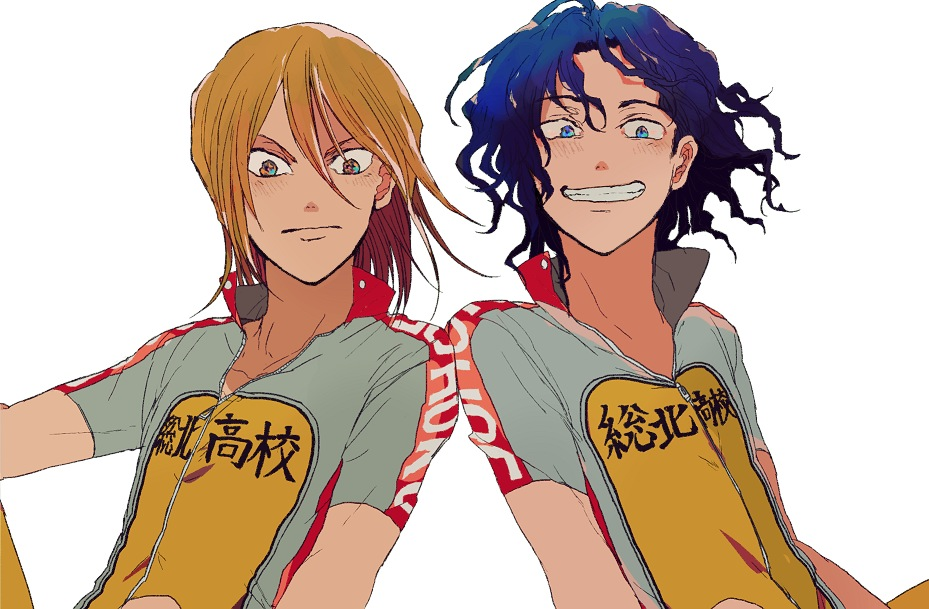 2boys, aoyagi_hajime, blonde_hair, blue_eyes, blue_hair, clothes_writing, curly_hair, grin