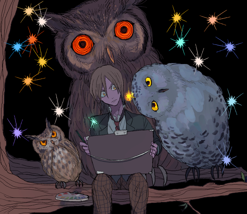 1boy, animal_ears, aoyagi_hajime, bird, blazer, brown_hair, head_tilt, in_tree