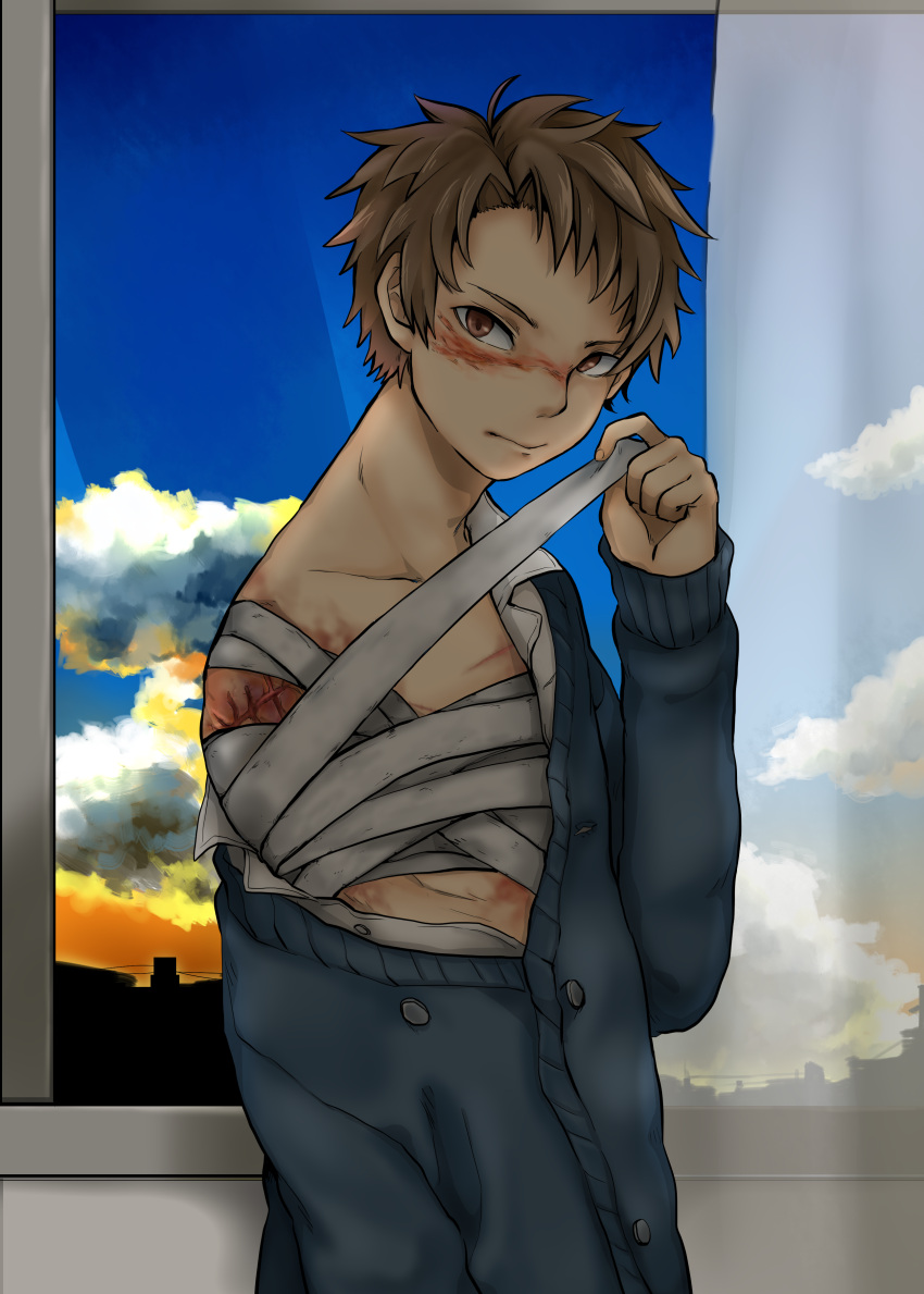 1boy, absurdres, amputee, bandages, brown_hair, cardigan, highres, male, msn_png, original, scar, shadow, solo