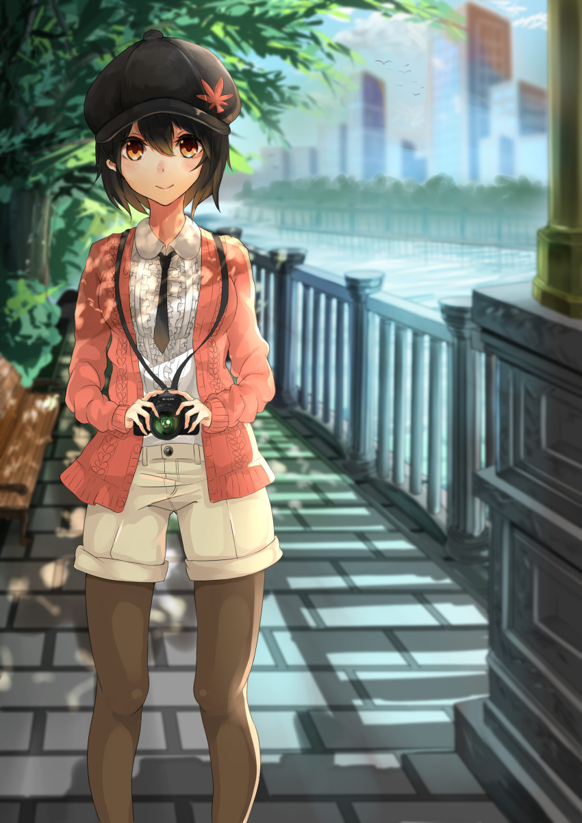 1girl, absurdres, akira_(mr_akira), alternate_costume, alternate_headwear, bench, blurry, brand_name_imitation