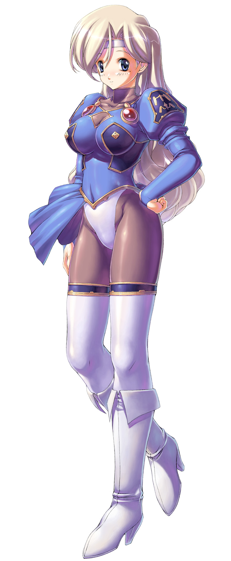 1girl, blonde_hair, blue_eyes, bodysuit, boots, full_body, highres, langrisser