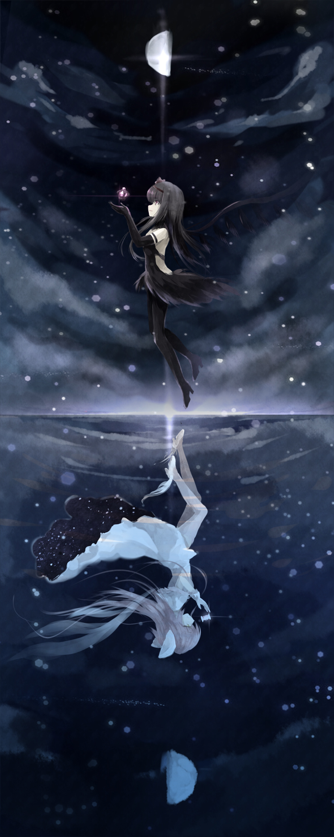 2girls, akemi_homura, akuma_homura, bare_shoulders, black_hair, black_legwear, bow, choker, closed_eyes, dark_orb_(madoka_magica), dena.ei, different_reflection, dress, elbow_gloves, feathered_wings, gloves, goddess_madoka, hair_bow, half_moon, high_heels, highres, kaname_madoka, long_hair, mahou_shoujo_madoka_magica, mahou_shoujo_madoka_magica_movie, multiple_girls, pantyhose, pink_hair, pink_legwear, reflection, sky, smile, spoilers, spool, star_(sky), starry_sky, thigh-highs, two_side_up, violet_eyes, water_surface, white_gloves, wings, zettai_ryouiki
