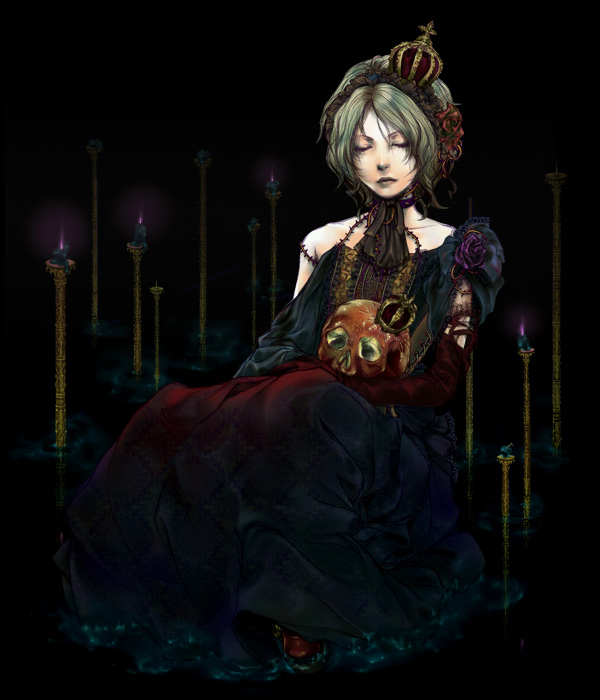 closed_eyes, crown, dress, flower, gothic, green_hair, hair_ornament, short_hair