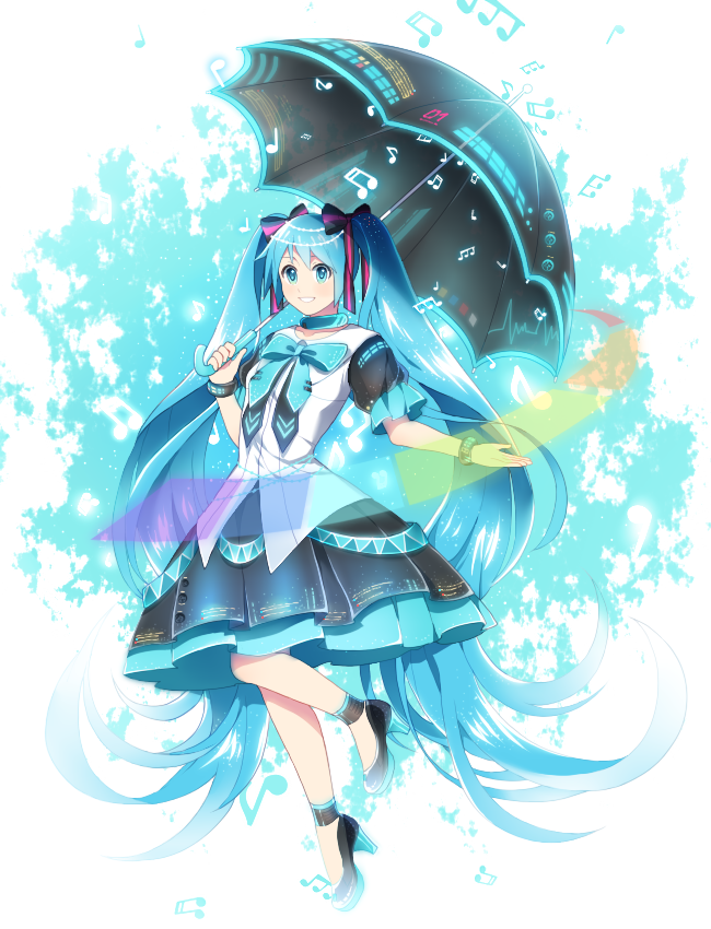 1girl, blue_hair, bracelet, hair_ribbon, hatsune_miku, high_heels, jewelry, long_hair
