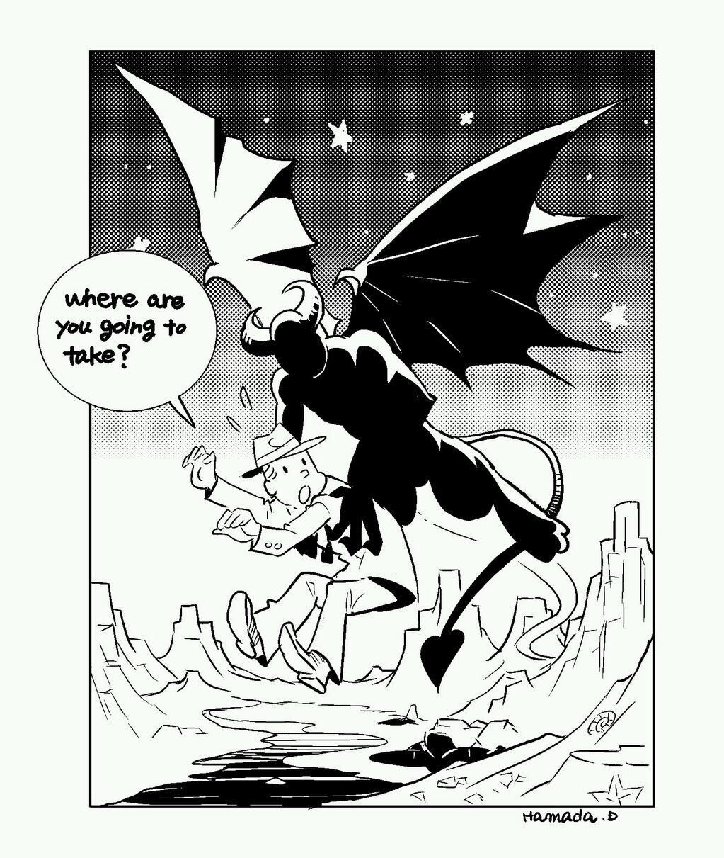 1boy, artist_name, carrying, cthulhu_mythos, demon_tail, english, flying, flying_sweatdrops