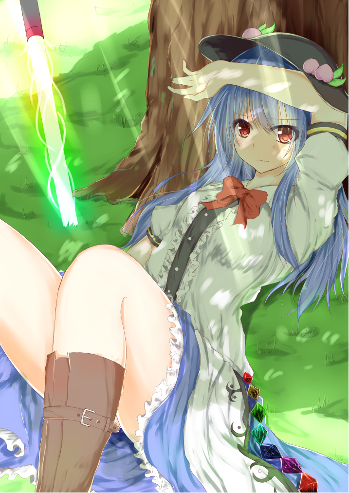 1girl, belt_boots, blue_hair, blue_skirt, blush, boots, cross-laced_footwear, dappled_sunlight, dress, food, frills, fruit, grass, hand_on_forehead, hinanawi_tenshi, long_dress, long_hair, looking_at_viewer, lying, mikage000, on_back, peach, puffy_short_sleeves, puffy_sleeves, rainbow_order, red_eyes, short_sleeves, skirt, solo, sword_of_hisou, thighs, touhou, tree, tree_shade, wavy_mouth, white_dress