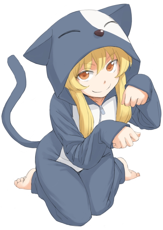 1girl, animal_costume, animal_ears, blonde_hair, blush, iguchi_(strawmat), ikkyuu_tensai, long_hair, looking_at_viewer, orange_eyes, pajamas, paw_pose, ryuugajou_nanana_no_maizoukin, sitting, smile, solo, tail, wariza
