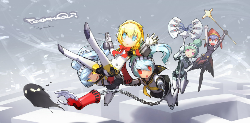 5girls, aegis, blonde_hair, blue_eyes, blue_hair, green_hair, labrys, long_hair