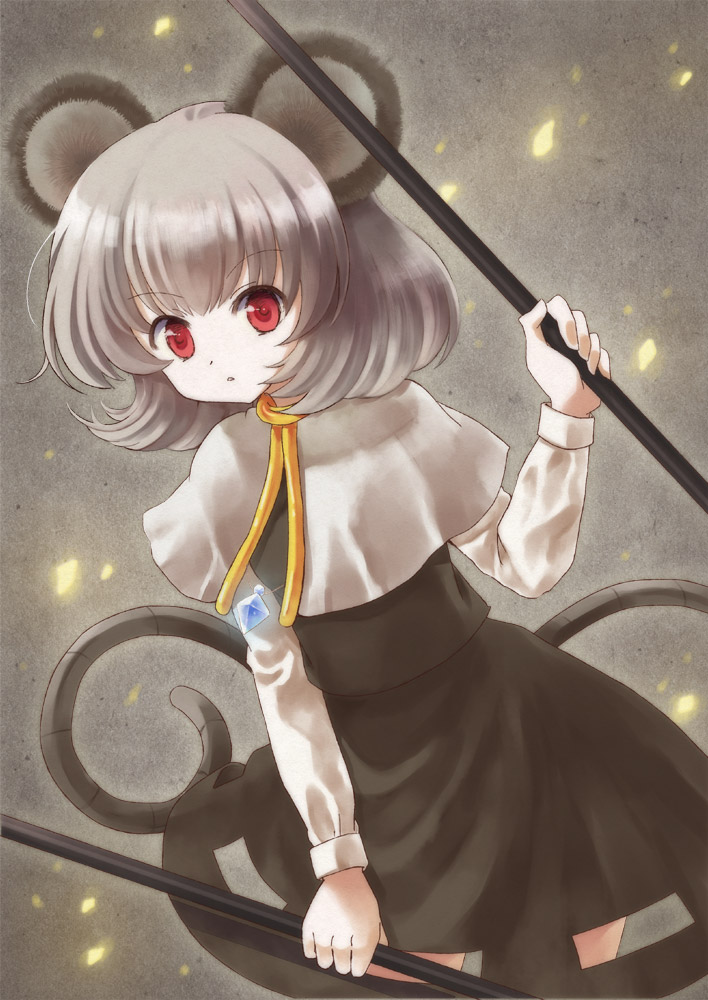 1girl, animal_ears, capelet, grey_hair, mouse_ears, mouse_tail, nazrin, pendulum