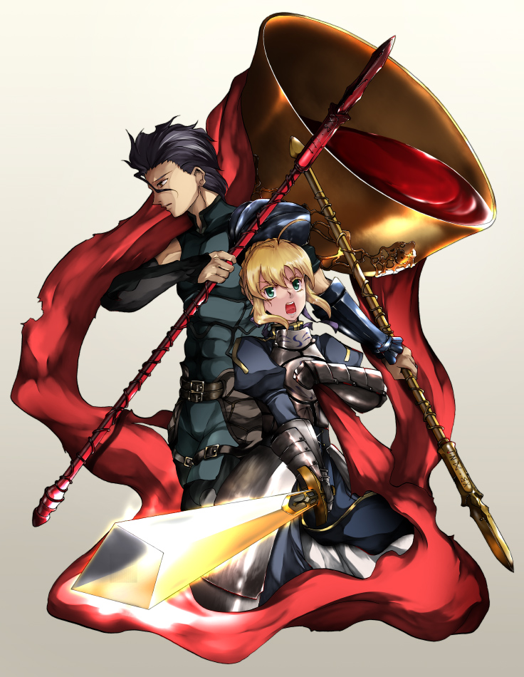 1boy, 1girl, ahoge, armor, armored_dress, black_hair, blonde_hair, dress