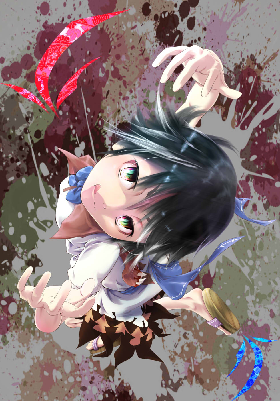 1girl, black_hair, bow, directional_arrow, dress, foreshortening, highres, horns, kijin_seija, looking_up, maedarake, multicolored_hair, paint_splatter, rainbow_eyes, red_eyes, redhead, sandals, short_hair, short_sleeves, solo, streaked_hair, tongue, tongue_out, touhou, white_hair