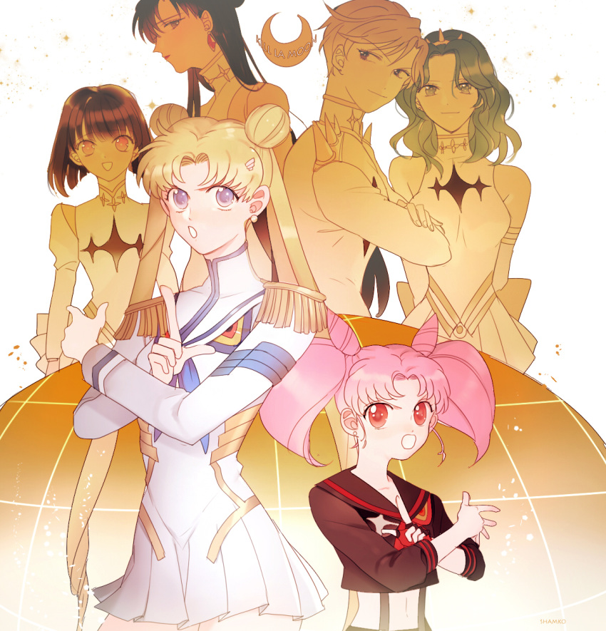 6+girls, bishoujo_senshi_sailor_moon, blonde_hair, cosplay, double_bun, earrings, epaulettes, gamagoori_ira_(cosplay)