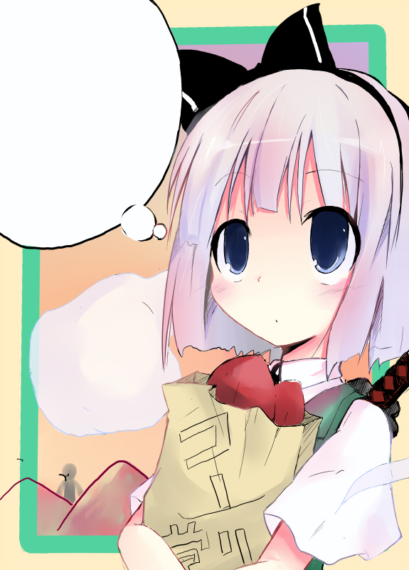 blank_word_bubble, blue_eyes, groceries, konpaku_youmu, konpaku_youmu_(ghost), myon, shichinose, short_hair