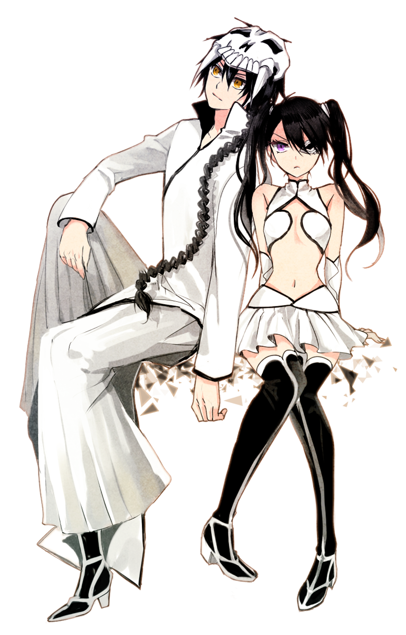 1boy, 1girl, apu, arrancar, bangs, black_hair, bleach, boots