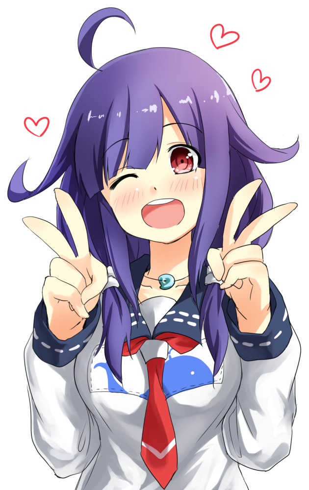 ahoge, arai_harumaki, blush, kantai_collection, one_eye_closed, purple_hair, red_eyes, tagme
