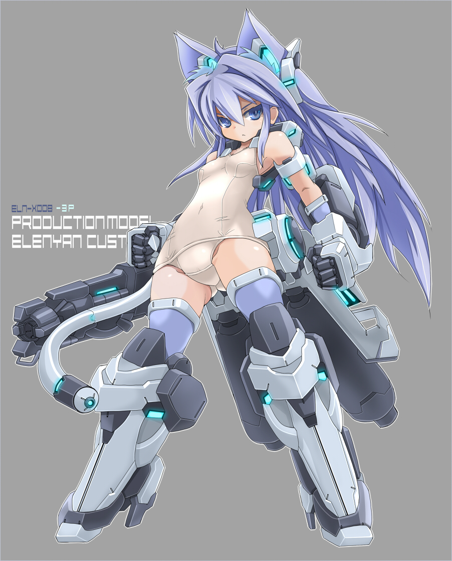 1girl, animal_ears, bare_shoulders, blue_eyes, blue_hair, blue_legwear, cat_ears, cat_tail, character_request, covered_navel, densou_tenshi_valforce, gauntlets, gloves, greaves, grey_background, gun, headgear, high_heels, karukan_(monjya), long_hair, mecha_musume, school_swimsuit, simple_background, solo, swimsuit, tail, thigh-highs, very_long_hair, weapon, white_school_swimsuit, white_swimsuit