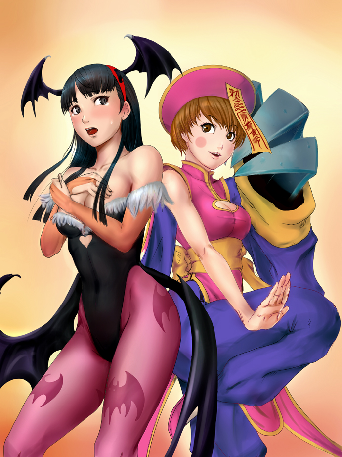 2girls, amagi_yukiko, bare_shoulders, bat_wings, black_eyes, black_hair, blush, breasts