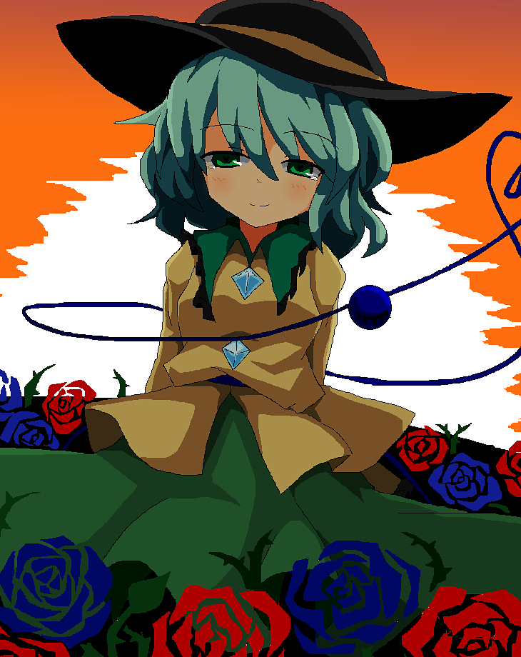 1girl, arm_support, arms_behind_back, flower, green_eyes, green_hair, green_skirt, hat