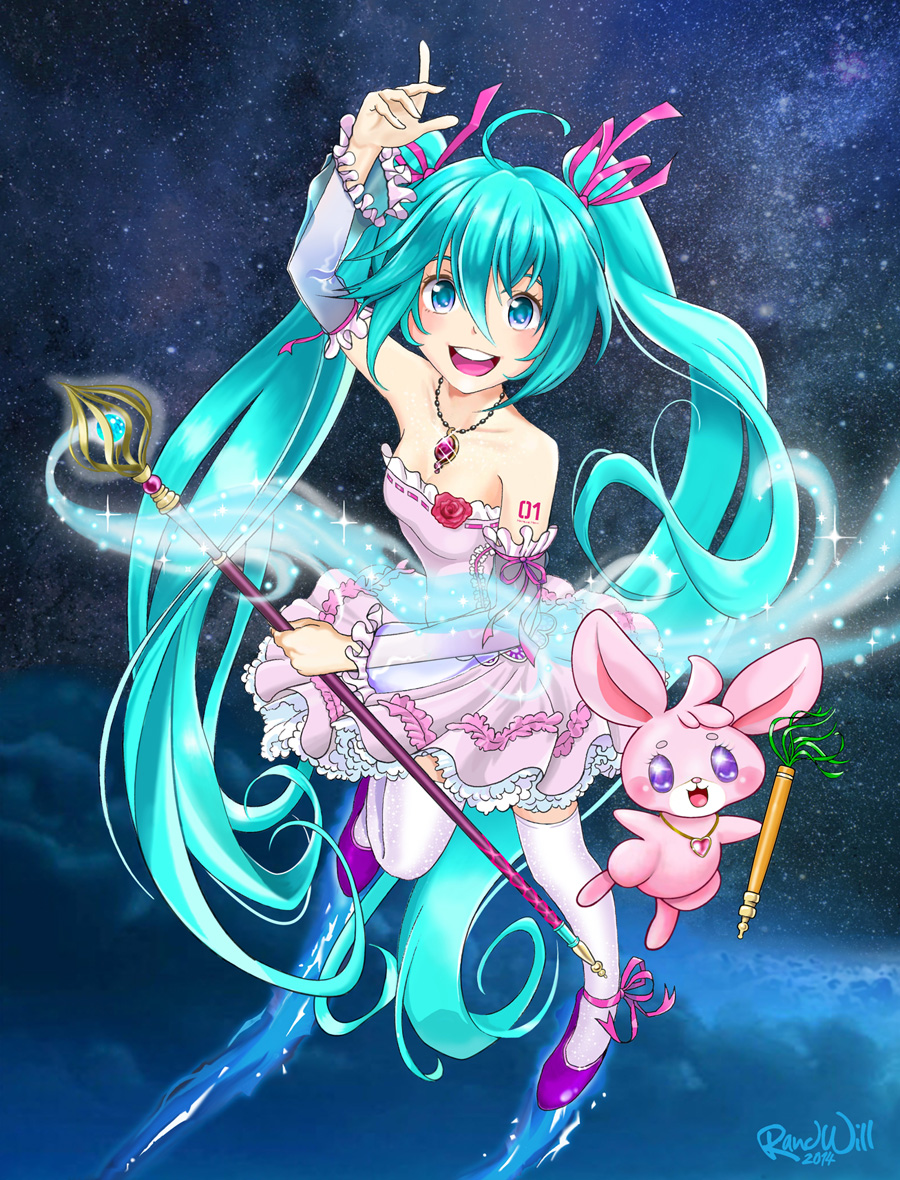 1girl, ahoge, aqua_eyes, aqua_hair, arm_up, artist_name, detached_sleeves, hair_ribbon, hatsune_miku, jewelry, long_hair, magical_girl, necklace, rabbit, randy_williams, ribbon, skirt, solo, thigh-highs, twintails, very_long_hair, vocaloid, wand