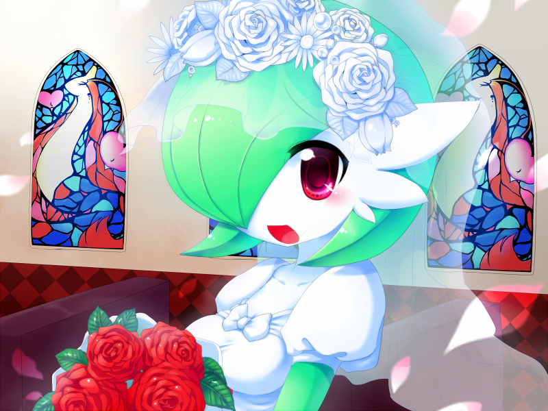 blush, bouquet, bridal_veil, dress, flower, gardevoir, green_hair, hair_ornament